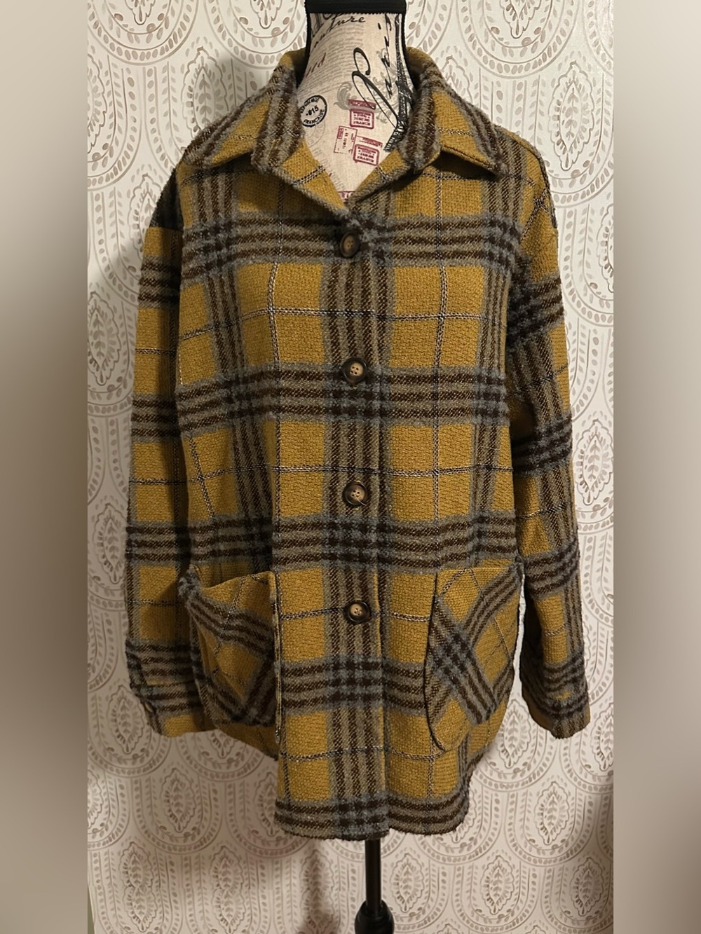 Karen Kane Mustard and Brown Plaid Button-Front Pea Coat- only used once